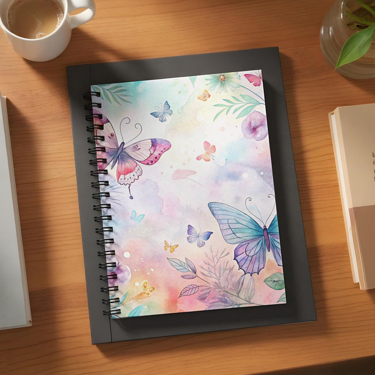 Spiral notebook with watercolor butterflies and flowers on cover.