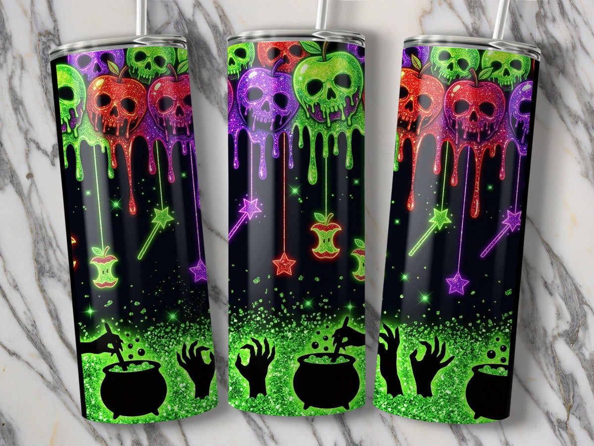 Three tumblers with dripping apple skull designs and witch's cauldrons.