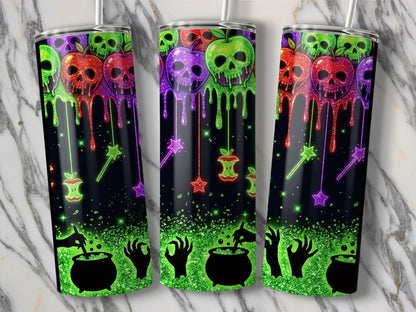 Three tumblers with dripping apple skull designs and witch's cauldrons.