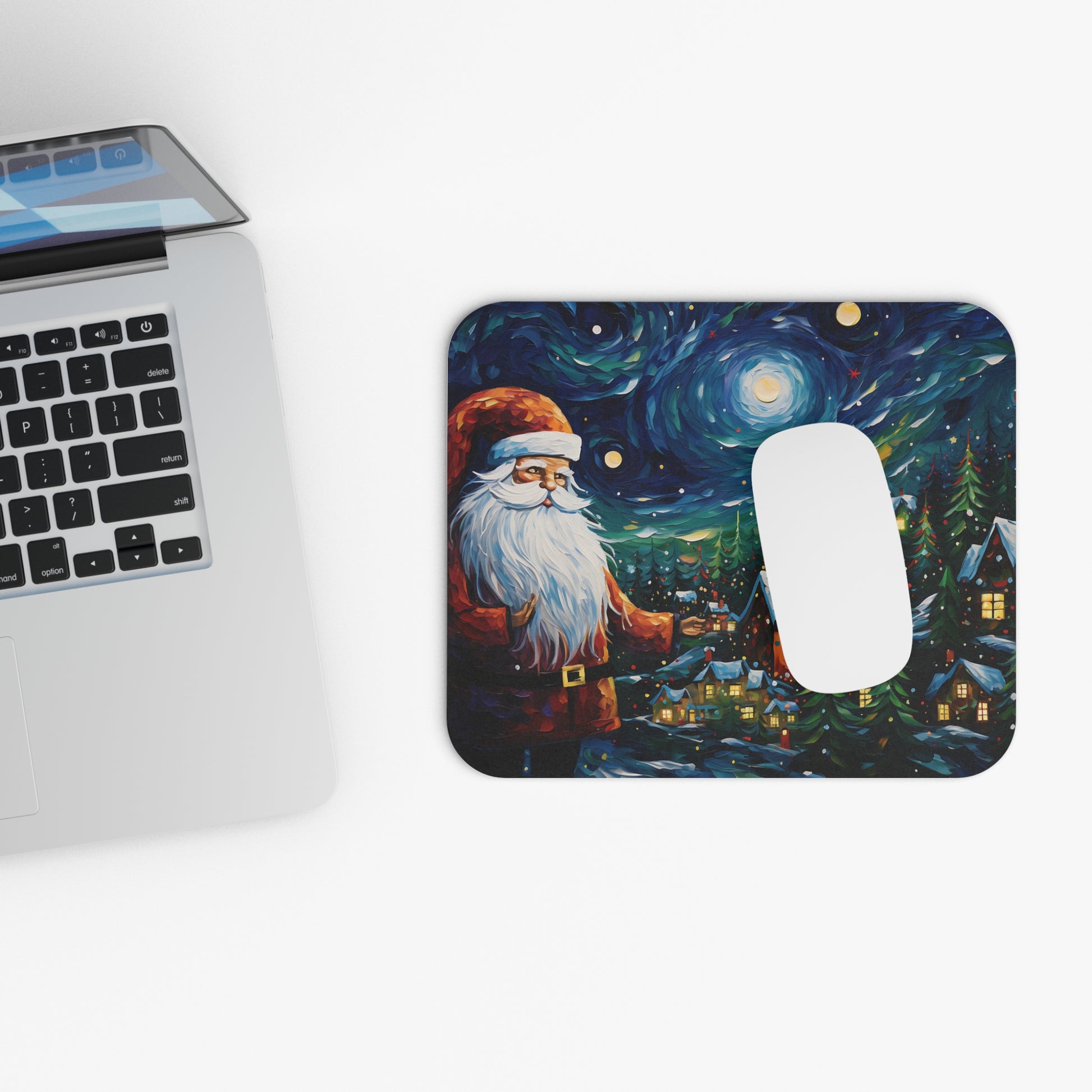 Mousepad with Santa and a snowy village under a starry night sky.