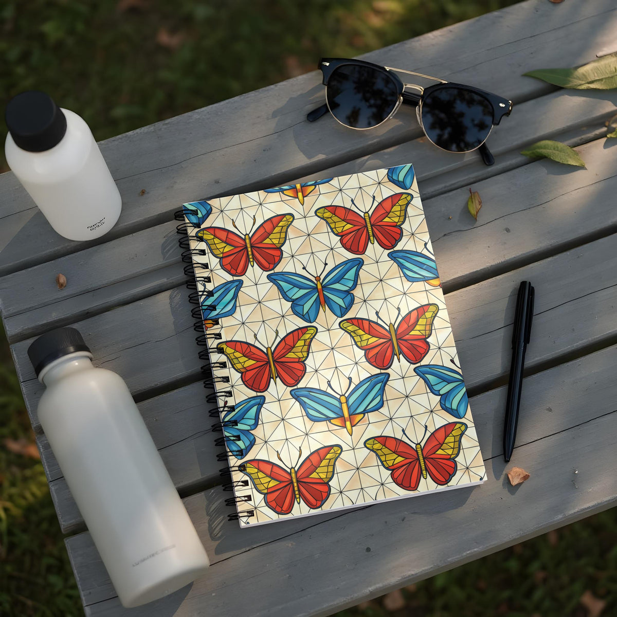 Notebook with colorful stained-glass butterflies and geometric pattern.