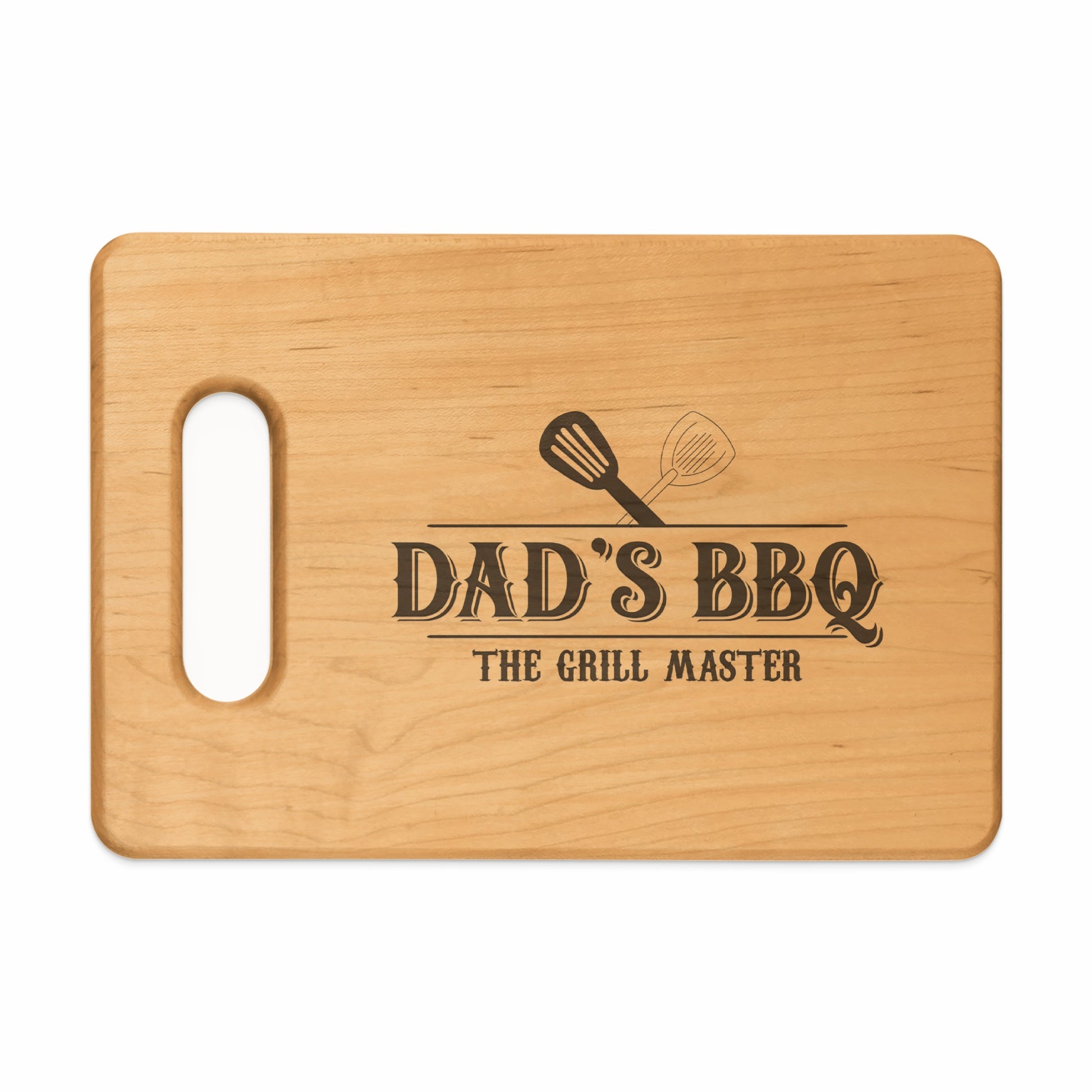 Wooden cutting board with "Dad's BBQ The Grill Master" text and grilling utensils.
