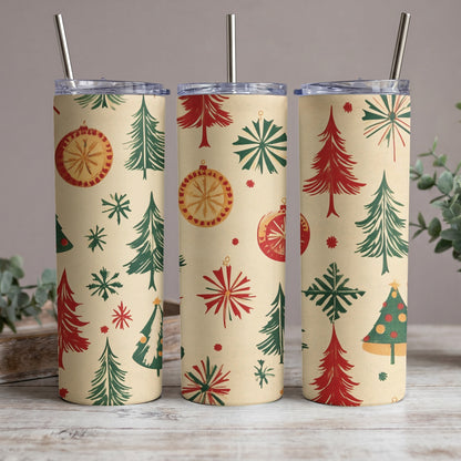 Three tumblers with a retro Christmas pattern of trees, ornaments, and snowflakes.