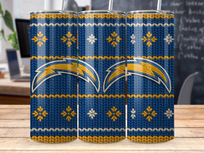 Los Angeles Chargers tumbler with blue, yellow, and white knit pattern and snowflake accents.