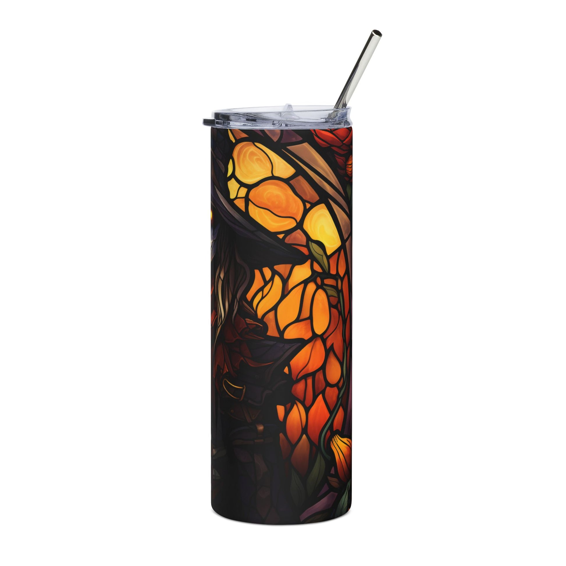 Tall tumbler with stained glass design of a dragon and flowers.