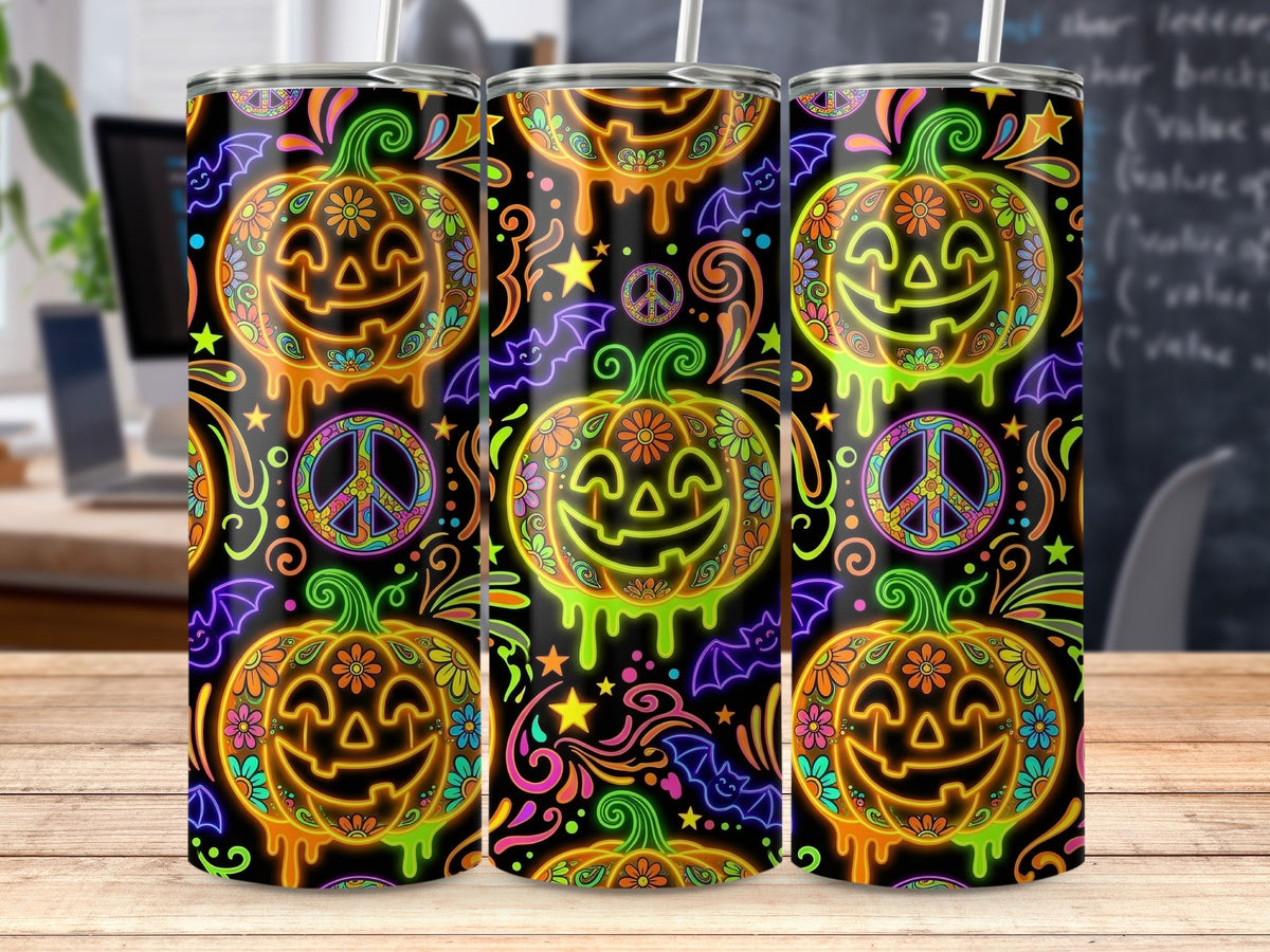 Three tumblers with neon glow jack-o'-lanterns, peace signs, bats, and stars.