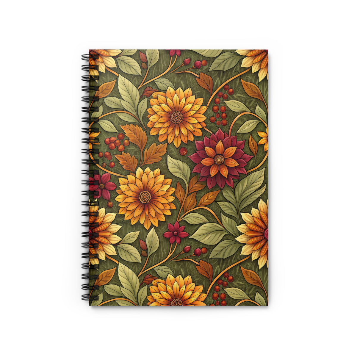 Spiral bound notebook with floral pattern featuring sunflowers and berries.
