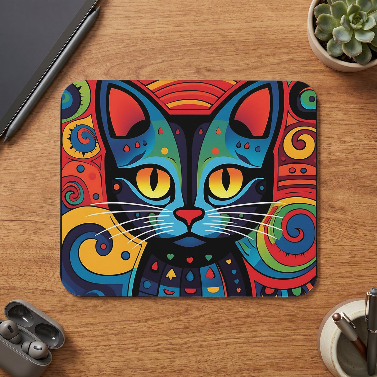 Colorful pop art mousepad featuring a black cat with large yellow eyes and abstract swirls.