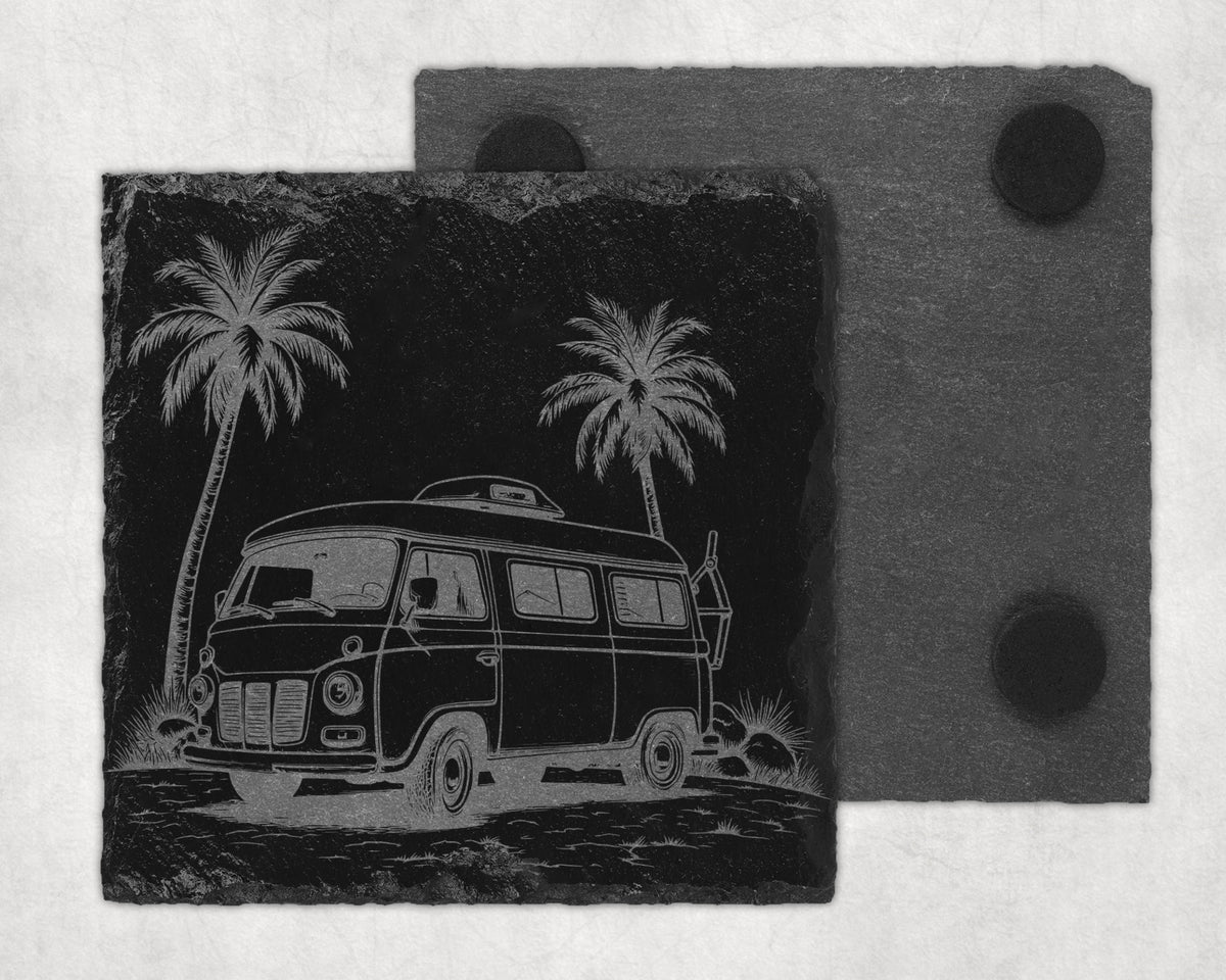 Slate coaster with etched image of a vintage camper van and palm trees.