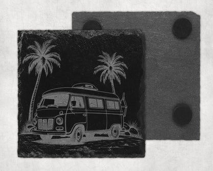 Slate coaster with etched image of a vintage camper van and palm trees.