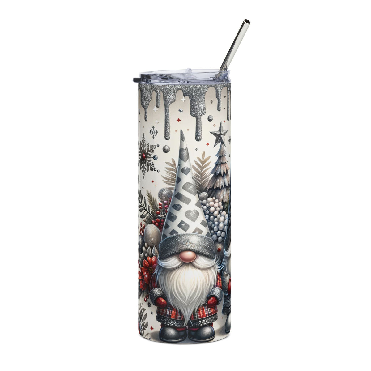 Travel mug with festive gnome and winter holiday design, includes straw.
