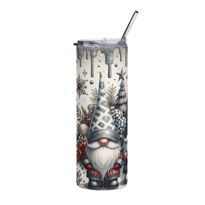 Travel mug with festive gnome and winter holiday design, includes straw.