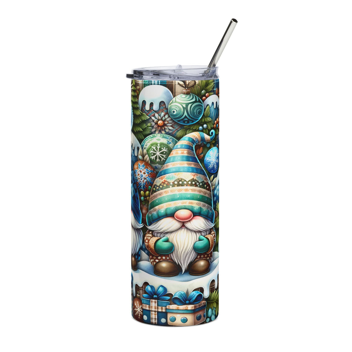 Tumbler with festive gnomes, Christmas ornaments, snow, and gift boxes.