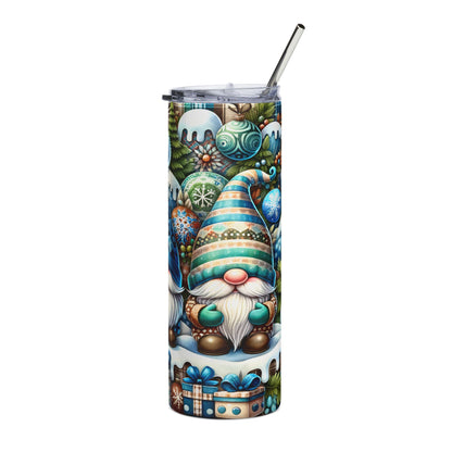 Tumbler with festive gnomes, Christmas ornaments, snow, and gift boxes.