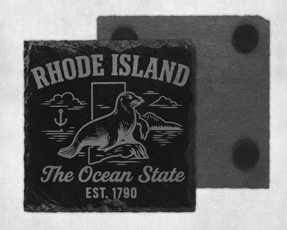 Rhode Island coaster with seal, anchor, and "The Ocean State Est. 1790" text.