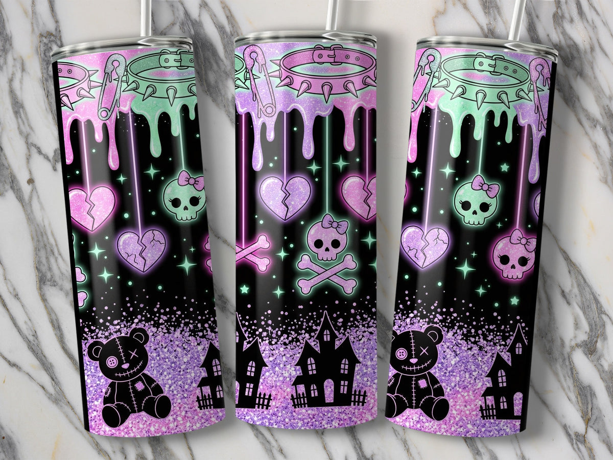 Goth teddy bear, broken hearts, skulls, and haunted houses on a black glitter tumbler.