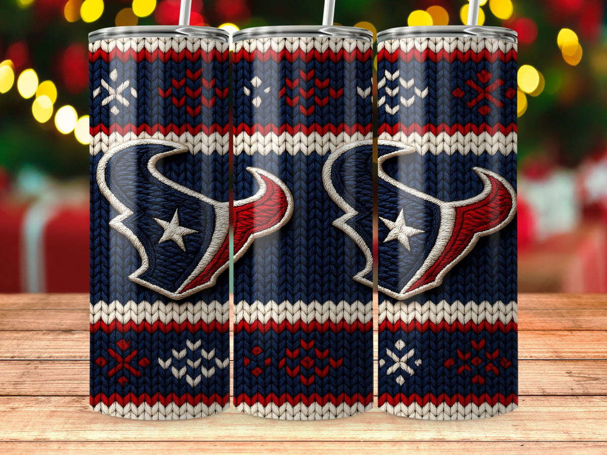 Houston Texans Christmas sweater pattern tumbler with festive lights background.