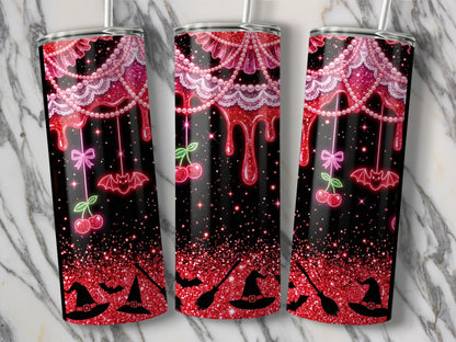 Three tumblers with a black background featuring glitter, dripping red liquid, cherries, bats, and witch hats.