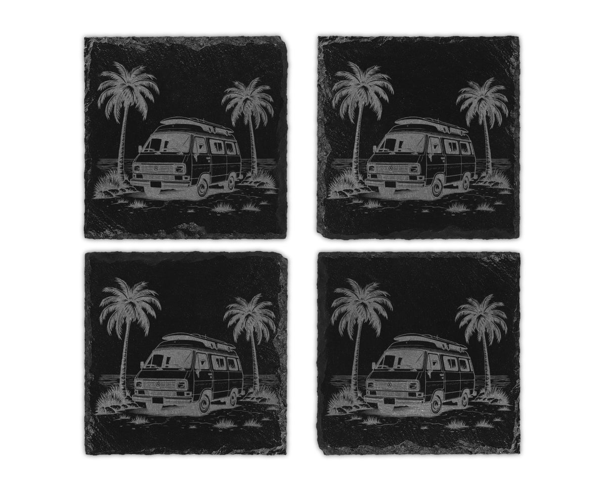 Four slate coasters, each etched with a vintage van, palm trees, and ocean waves.