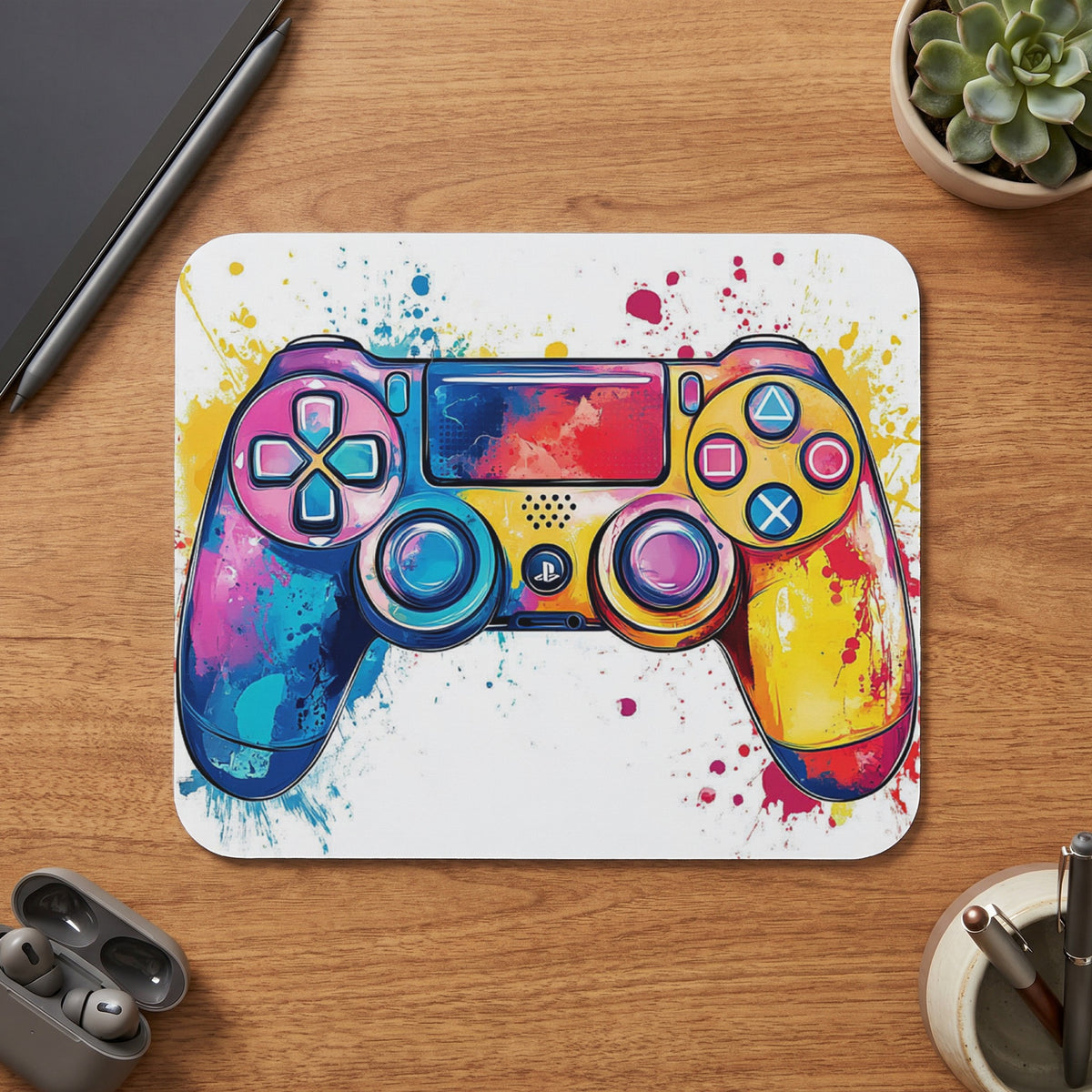 Colorful abstract art PlayStation controller on a white mousepad.