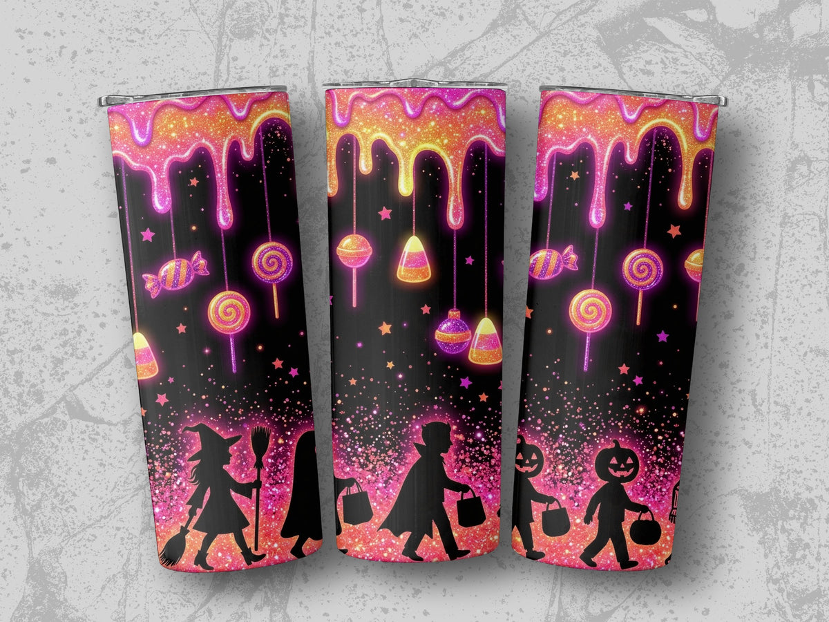 Halloween tumblers with dripping candy, lollipops, and trick-or-treating silhouettes.