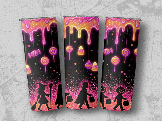 Halloween tumblers with dripping candy, lollipops, and trick-or-treating silhouettes.