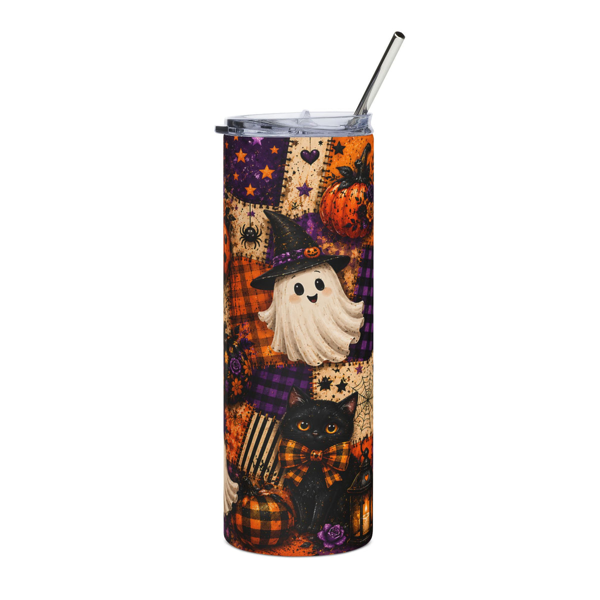 Tumbler with Halloween patchwork pattern featuring a ghost, black cat, pumpkins, and spiders.