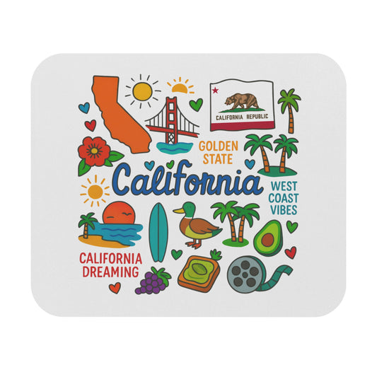 California map, Golden Gate Bridge, flag, text, and iconic symbols on white background.