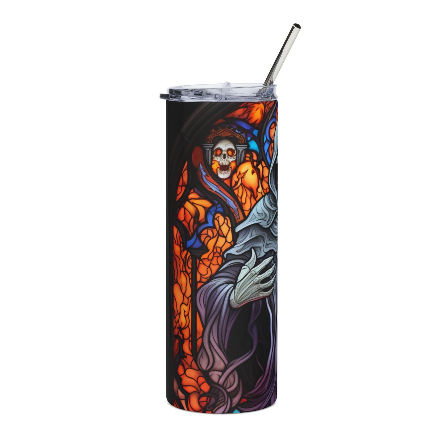 Tumbler with grim reaper and skull in stained glass design.