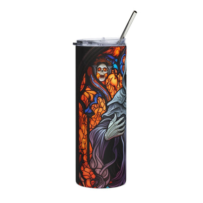 Tumbler with grim reaper and skull in stained glass design.