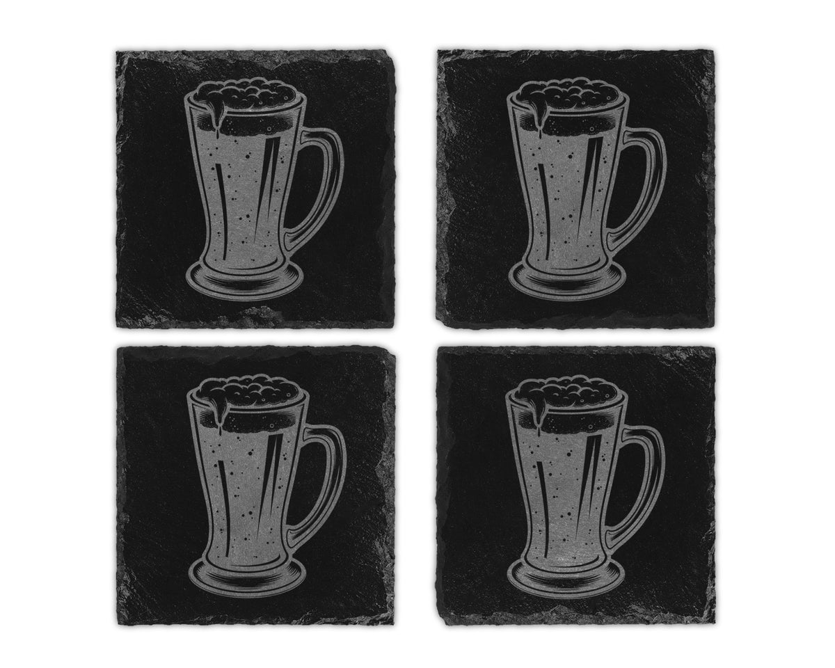 Four slate coasters, each with an engraved image of a foamy beer mug.