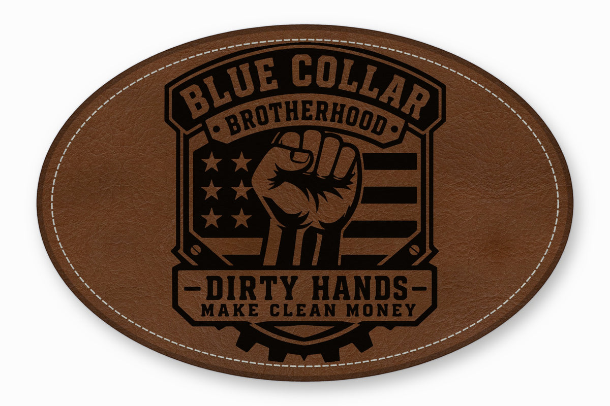 Oval brown leather patch with white stitching featuring a raised fist, American flag, and text.