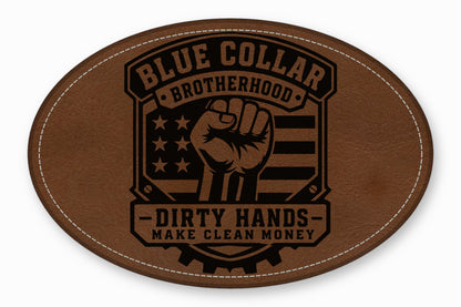 Oval brown leather patch with white stitching featuring a raised fist, American flag, and text.