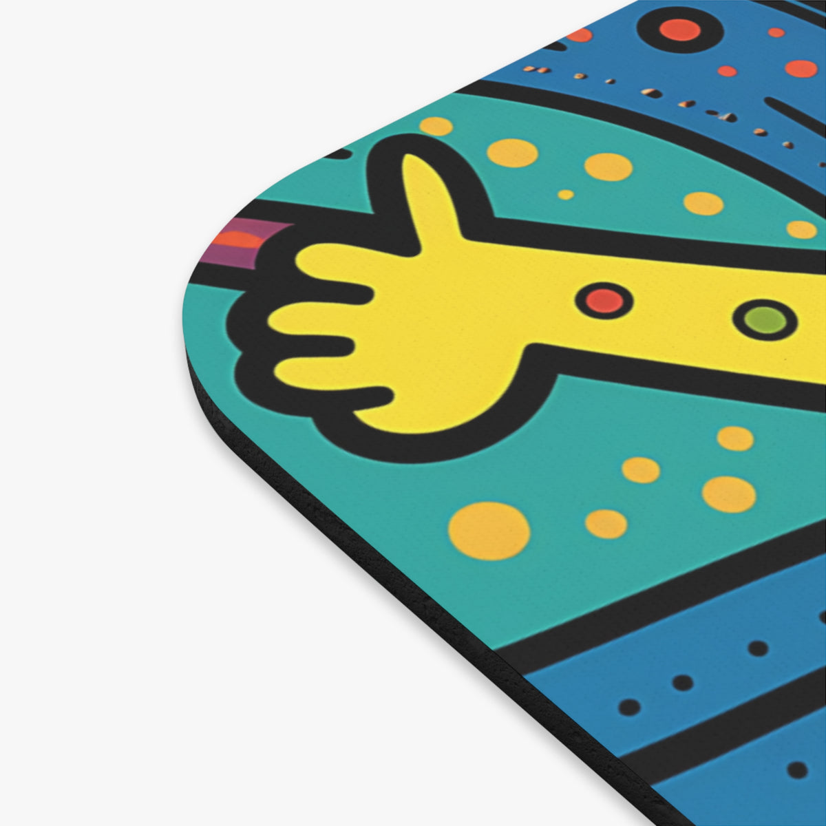 Close-up of a colorful, abstract design with a yellow hand gesture on a teal and blue background.