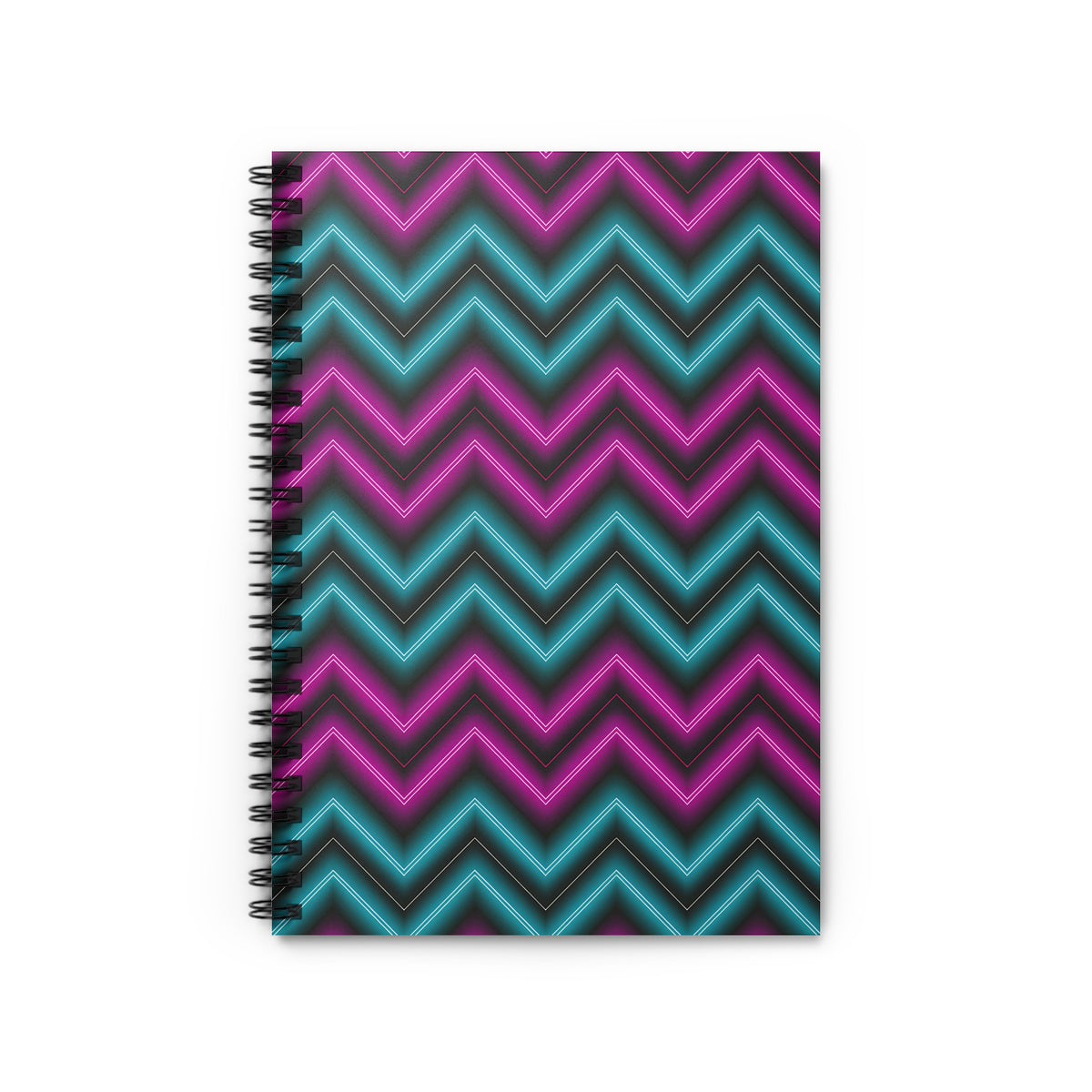 Spiral-bound notebook with pink and teal neon chevron pattern.