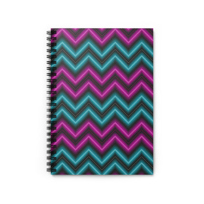 Spiral-bound notebook with pink and teal neon chevron pattern.