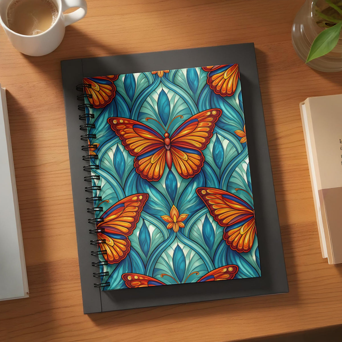 Spiral notebook with art nouveau butterfly and floral pattern on cover.
