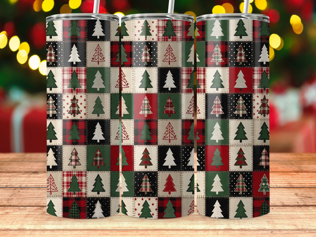 Three tumblers with a Christmas tree patchwork design on a wooden surface.