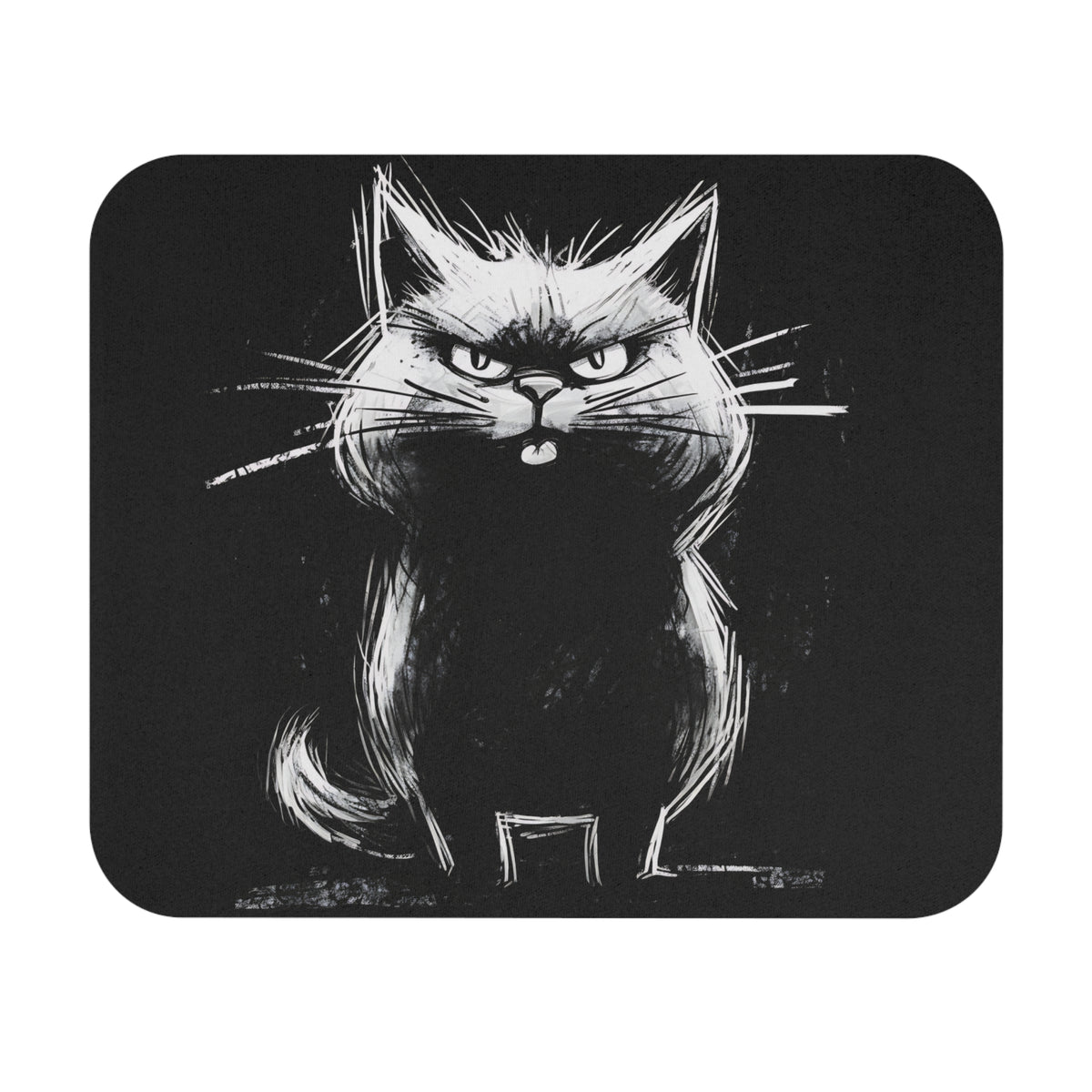 Grumpy black cat with white scribbled lines on a dark background.
