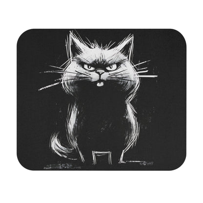 Grumpy black cat with white scribbled lines on a dark background.