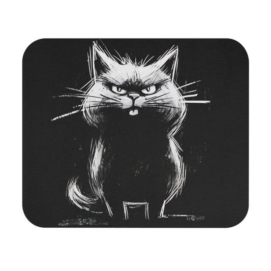 Grumpy black cat with white scribbled lines on a dark background.