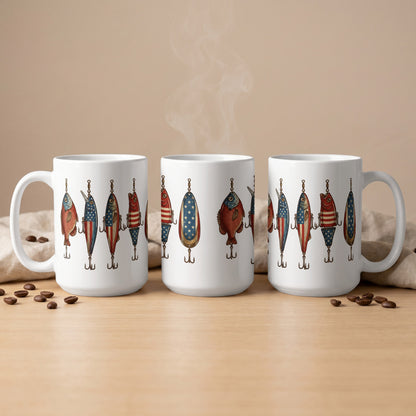 Three white mugs with fishing lures decorated with American flag patterns.