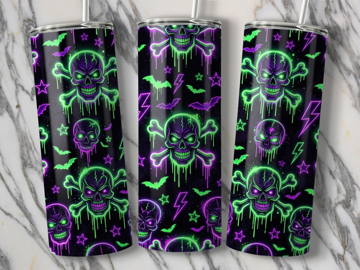 Tumblers with a neon skull and crossbones, bats, lightning bolts, and stars pattern.