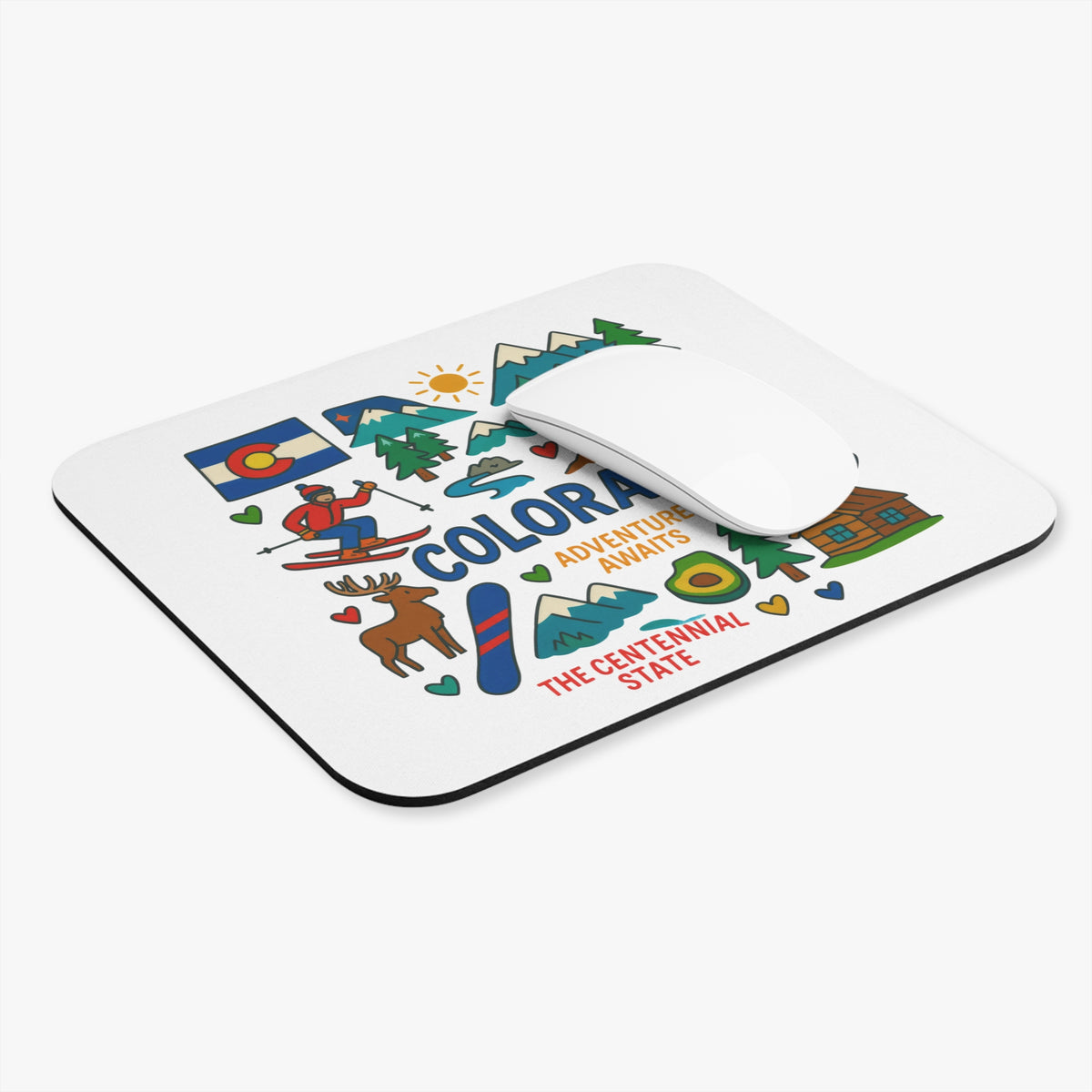 Mousepad with Colorado flag, skier, moose, snowboard, and mountains, reading "Colorado Adventure Awaits The Centennial State".