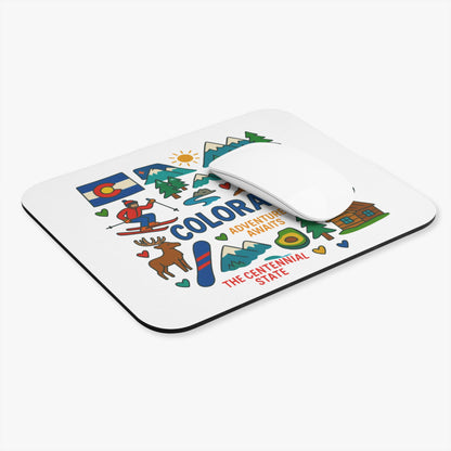 Mousepad with Colorado flag, skier, moose, snowboard, and mountains, reading "Colorado Adventure Awaits The Centennial State".