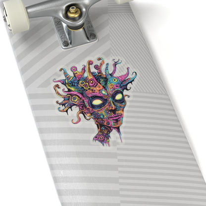Colorful, abstract alien face sticker on a skateboard with silver truck.