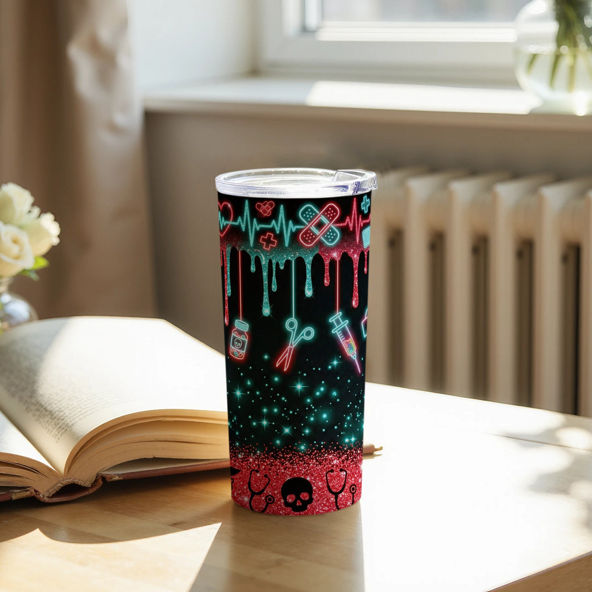 Tumbler with medical neon icons including heart monitor, bandages, scissors, and syringes.