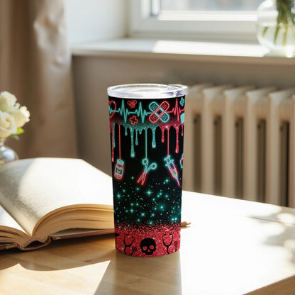 Tumbler with medical neon icons including heart monitor, bandages, scissors, and syringes.