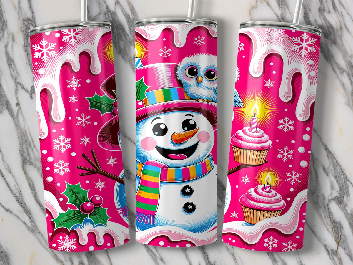 Pink tumblers with snowman, owl, cupcakes, holly, and snowflakes designs.
