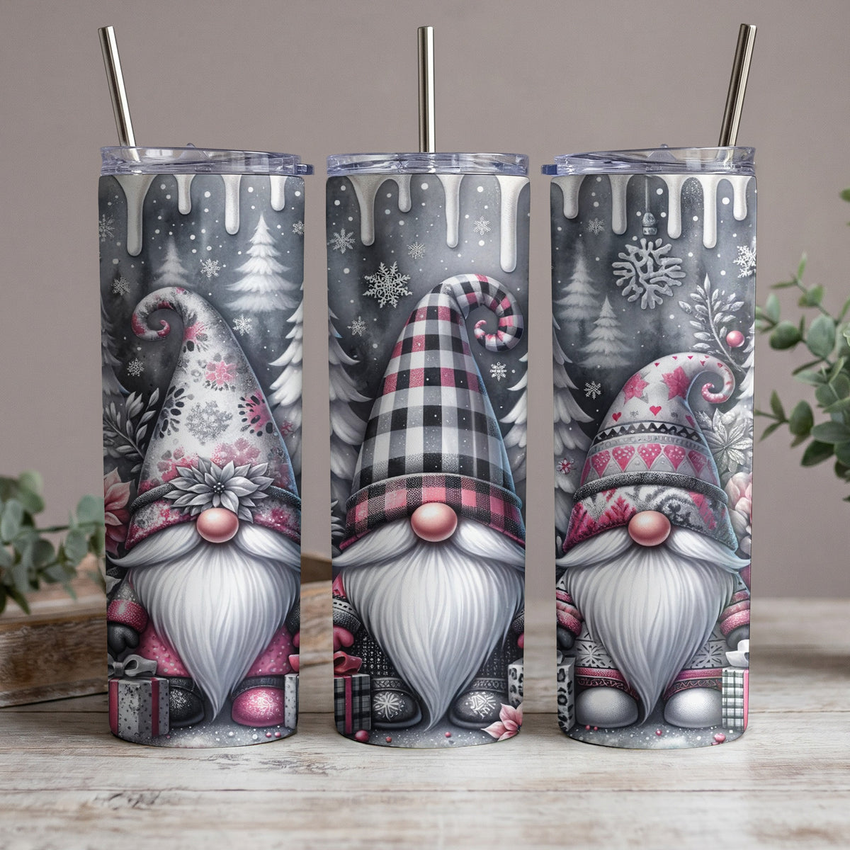 Three tumblers feature gnomes with patterned hats and winter forest backgrounds.